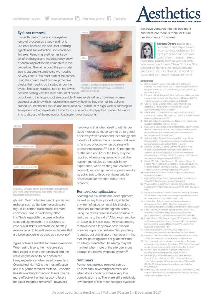 Magazine page about eyeliner removal with before/after eye photos and adjacent text blocks in a two-column layout