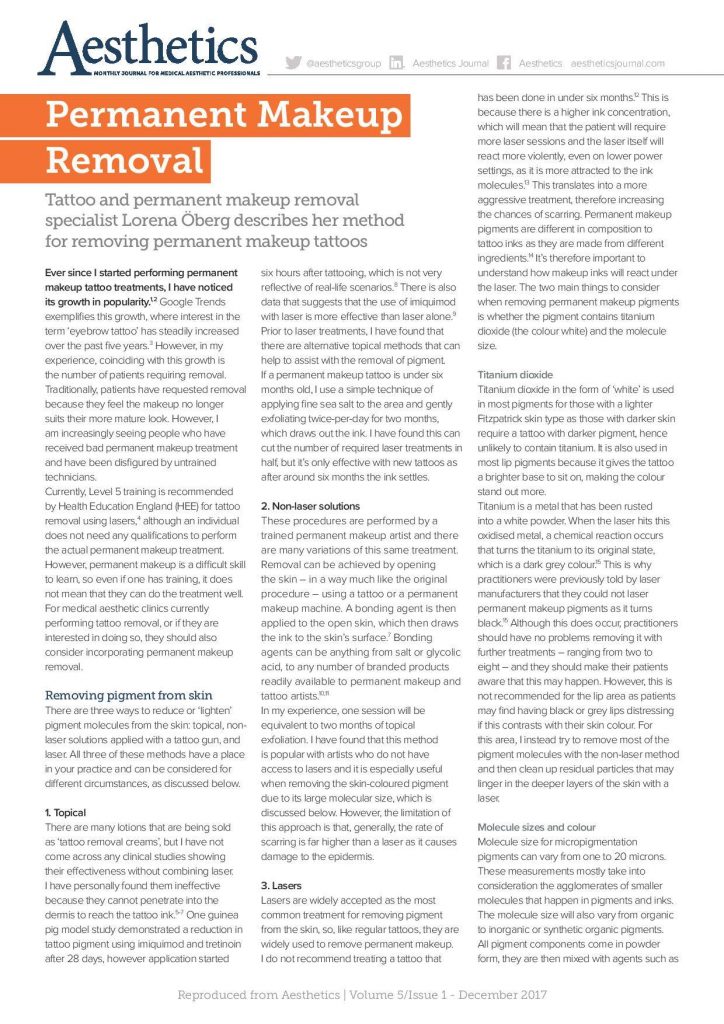 Page from Aesthetics magazine titled 'Permanent Makeup Removal' with two columns of text about tattoo removal.