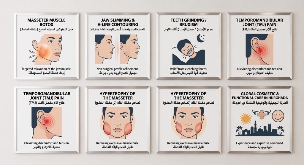 Masseter Muscle Botox: حقن البوتوكس لعضلة المضغ (عضلة الماستر)
Jaw Slimming & V-Line Contouring: تنحيف الفك وتحديد أسفل الوجه (تقنية V-Line)
Teeth Grinding / Bruxism: صرير الأسنان / طحن الأسنان أثناء النوم
Temporomandibular Joint (TMJ) Pain: علاج آلام مفصل الفك (TMJ)
Hypertrophy of the Masseter: تضخم عضلة الفك (تضخم عضلة المضغ)
in Hurghada