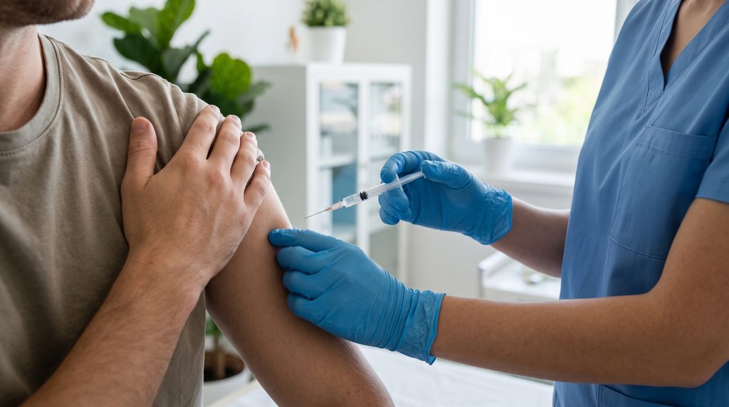 A patient receiving a medical-grade injection (حقن بي 12 البحر الاحمر) in the arm from a specialist in Hurghada, Egypt.
