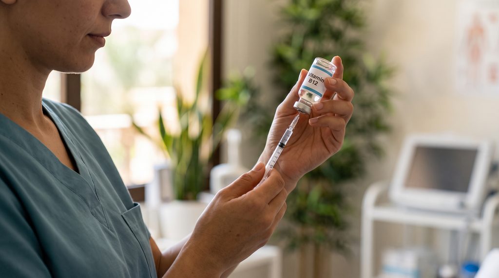 Professional healthcare provider in Hurghada preparing a B12 injection (حقن فيتامين B12 الغردقة) from a glass vial in a clinical setting.