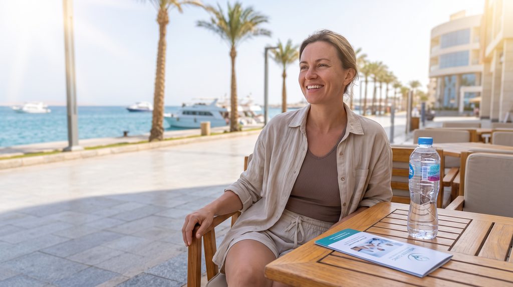 A person enjoying the sun on the Hurghada coast (عيادة صحة الغردقة), demonstrating revitalized energy and wellness.